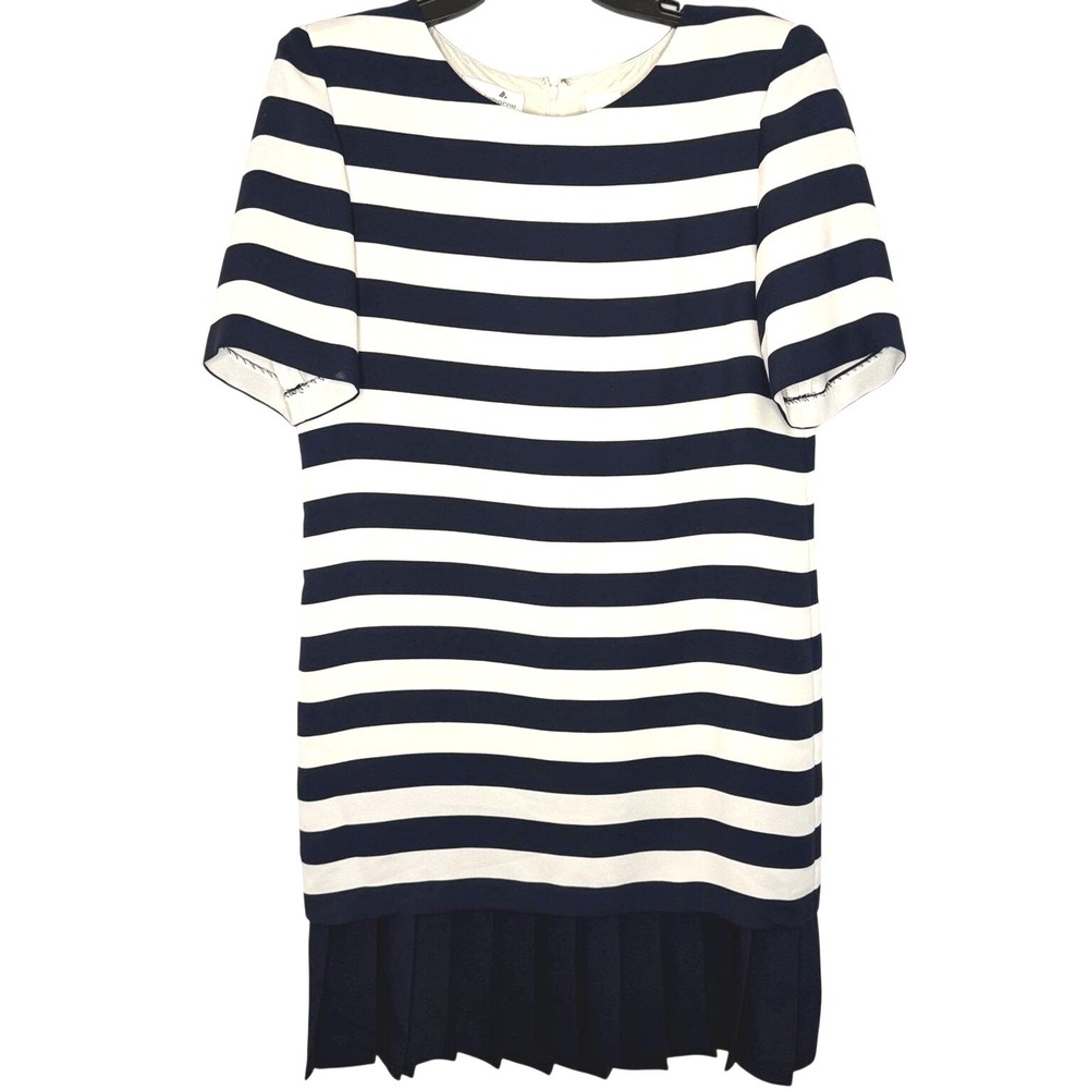 Liz Claiborne Navy Blue White Striped Nautical Pleated Drop Waist Shift Dress